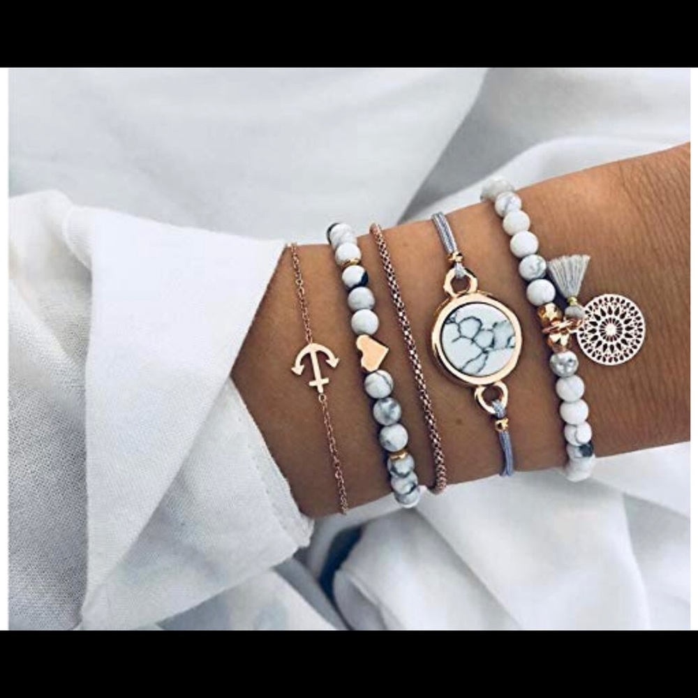 Natural Stone Chain Bead Bracelet Set Heart Boho💃